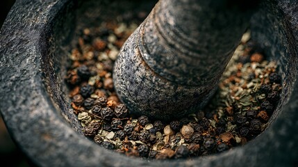 A mortar and pestle, expertly crushing fresh peppercorns and herbs for rich flavors in cooking.