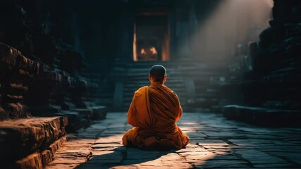 Monk meditates in a temple. Contemplation, spirituality and religion