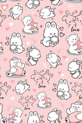Cute cartoon animals and hearts pattern on a pink background.