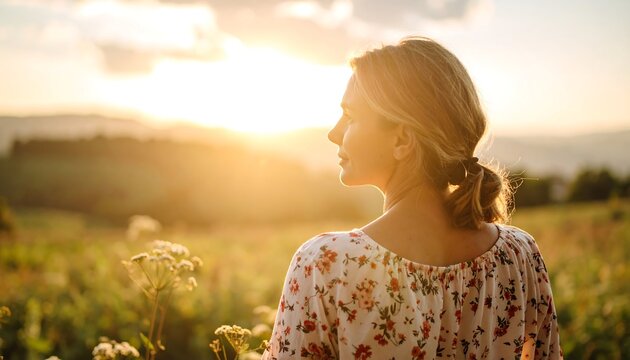 Woman gazing at sunset over a field