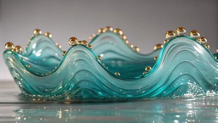 Serene Teal Glass Wave Sculpture with Gold Accents: Luxury Home Decor