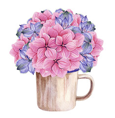 Bouquet of hydrangea in a vase mug. Hand drawn watercolor. Botanical illustration on white background. Cute flowers. Pink purple plants. Blooming buds.