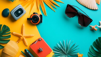 Flat lay summer vacation travel essentials with camera and accessories on turquoise background for lifestyle photography