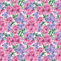 Seamless pattern bouquet of hydrangea. Hand drawn watercolor. Botanical illustration. Charming flower. Beautiful plant. Pink purple blooming buds. Botany season.