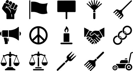 Collection of protest and justice symbols including raised fist and scales of justice