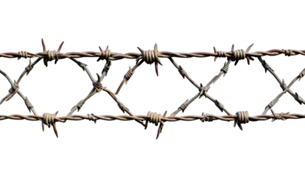 Rusty barbed wire fence section isolated on black background