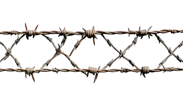 Rusty barbed wire fence section isolated on black background