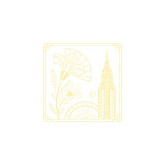 Gold art deco panel and border with ornament on white background