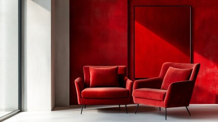 Red chairs and furniture in sunlight for modern interior design photography elegant living space styling minimal vibrant concept
