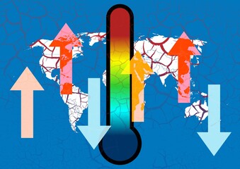 Global temperature shifts: A world map showing rising and falling temperatures, highlighting the impact of climate change