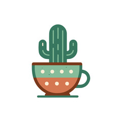 A whimsical illustration of a cactus in a colorful cup, set against a plain background, ideal for decor