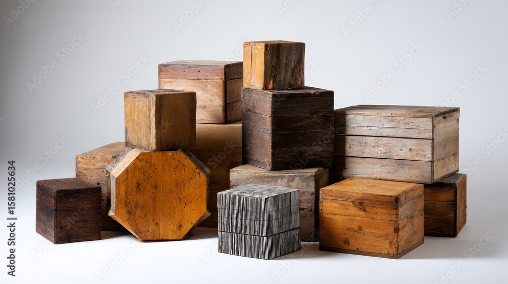Poster mixed wooden blocks in different sizes and textures on neutral surface for architecture design conce