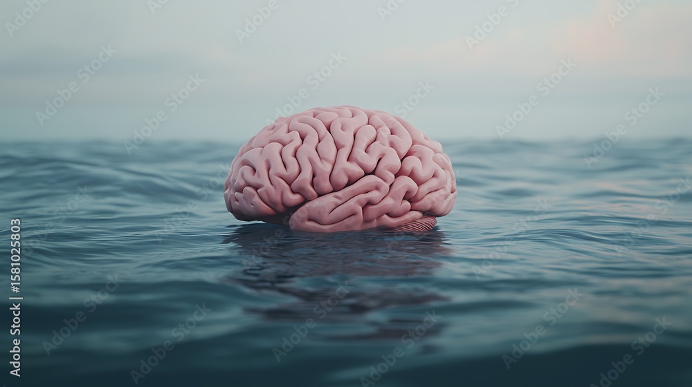 Poster a human brain floating on the surface of a calm ocean under a cloudy sky.