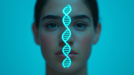 A woman"s face is illuminated by a glowing blue DNA strand superimposed vertically, symbolizing genetics and human identity.