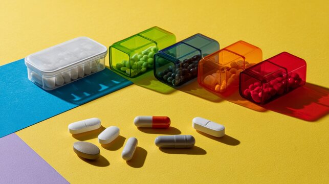 Daily pill box with assorted medication and supplements on yellow table for healthcare organization concept photo