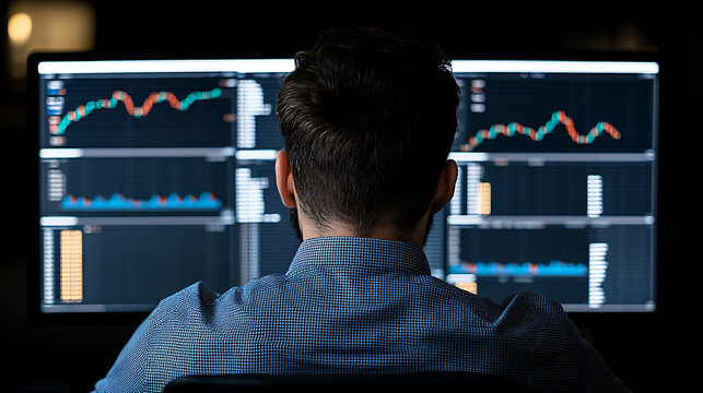 Person analyzing financial data on a computer screen, observing stock market charts and graphs for investment opportunities, back view of an analyst. - Powered by Adobe