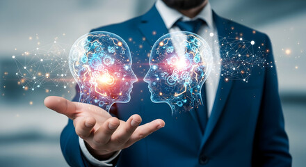 Technology for knowledge management and education. Businessperson holding network structure and head icons.