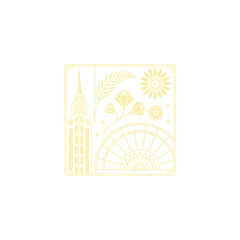 Gold art deco panel and border with ornament on white background