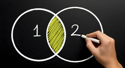Venn diagram on blackboard. Business man drawing two circles.