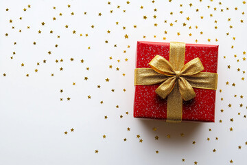 Obraz premium Red Gift Box with Golden Ribbon and Confetti on White Background – Holiday Celebration Scene