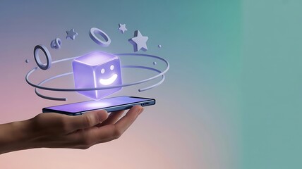 Glowing cube with smiley face floats above smartphone