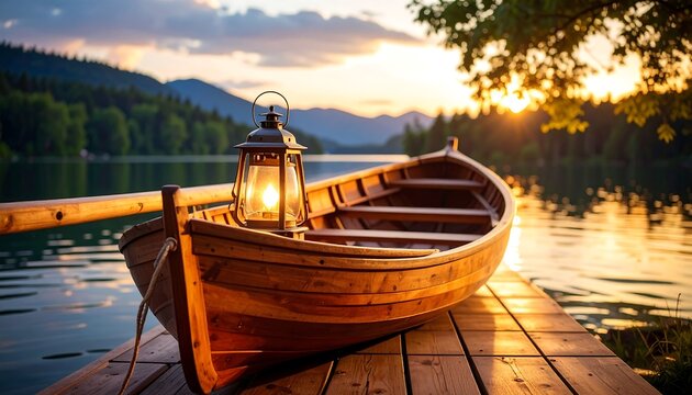 Serene lake sunset scene with wooden boat and lantern