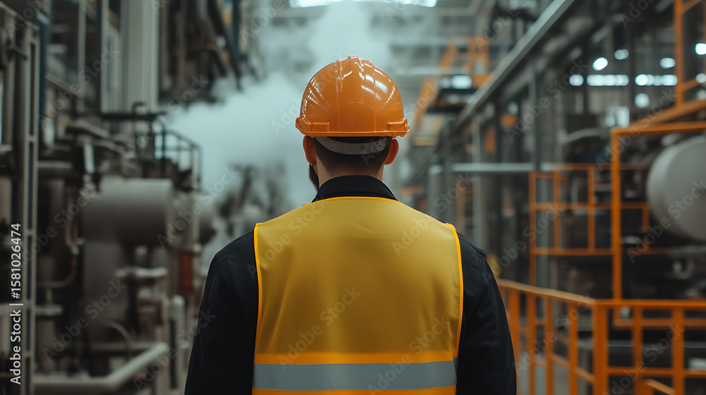 Poster factory worker in hardhat: worker navigates an industrial setting, highlighting labor and safety in 