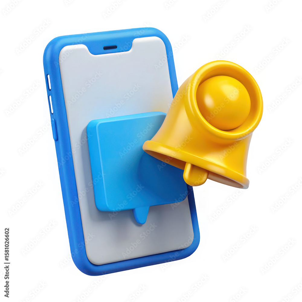 Poster 3d rendering of a smartphone with a speech bubble and a megaphone isolated on transparent background