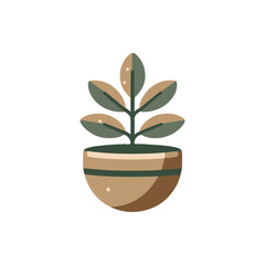 A stylized illustration of a potted plant with green leaves in a round pot against a white background