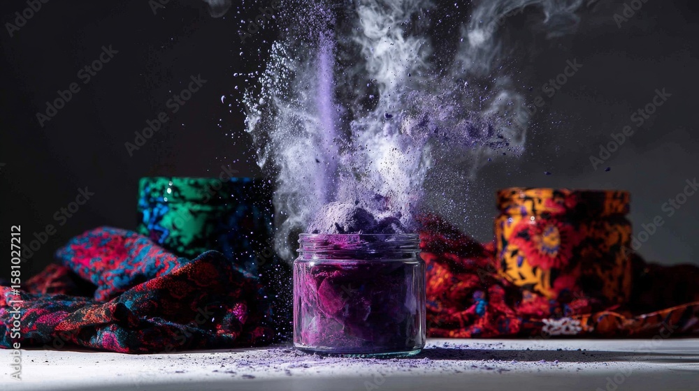 Poster pigment color powders exploding in jars on dark background for vibrant abstract art photography conc