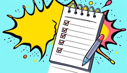 A fun, cartoon notepad with a checklist and a checkmark, featuring a comic book style splash effect,  productivity,  checkmark