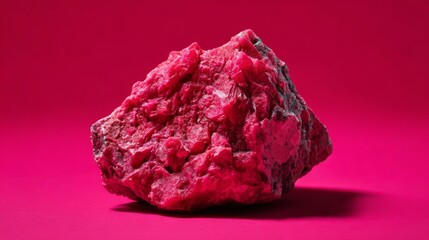 Obraz premium Raw pink crystal rock on vibrant magenta background for geology mineral display photography concept