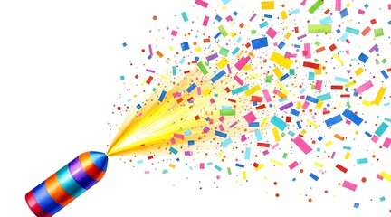 Watercolor party popper exploding with colorful confetti and bright light celebration