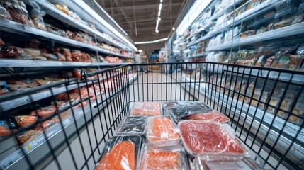 Frozen meat products on supermarket aisle shelves for cold food retail packaging photography concept