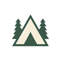 Stylized camping logo featuring a tent and pine trees, symbolizing outdoor adventure and nature