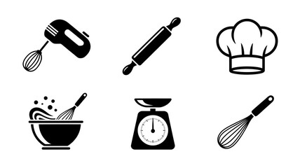 A Set of Six Minimalist Black and White Baking Icons Whisk, Rolling Pin, Chef Hat, Mixing Bowl, Kitchen Scale, and Hand Mixer