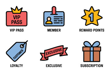 Loyalty program icons showcase member perks like vip passes, reward points, subscriptions, and customer exclusivity.