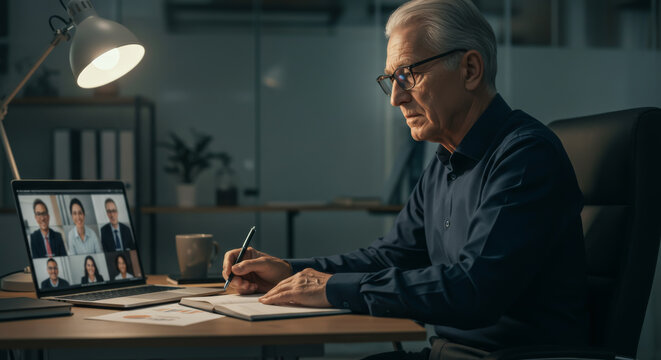Senior adult having a video call on the laptop. Senior adult having a business meeting