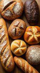 Breads assortment background. Different types of fresh bread on table, flat lay. group of different bread products