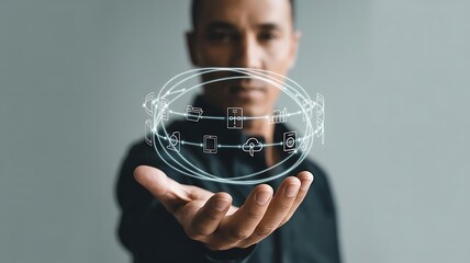 Man holding digital network hand