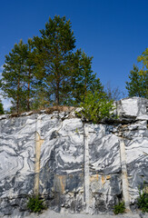 Bizarre patterns of marble on huge stones in old quarries overgrown with pines in the Ruskeala Mountain Park in Karelia