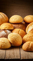 Breads assortment background. Different types of fresh bread on table, flat lay. group of different bread products