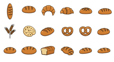 Icon set of a different breads. Illustration of different salad and sweetie breads