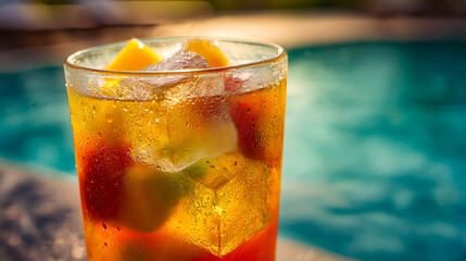 Iced tea with colorful fruit cubes and ice sparkles in the sun by the pool, refreshing and cool-perfectly fitting the tropical, chill summer vibe with its condensation and shimmer.