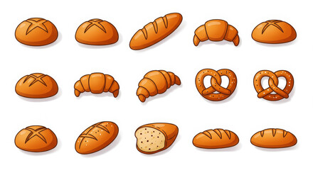 Icon set of a different breads. Illustration of different salad and sweetie breads