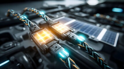 Cabin interior showcasing solar panel cables being manually connected to a household battery, illuminated by soft evening light.