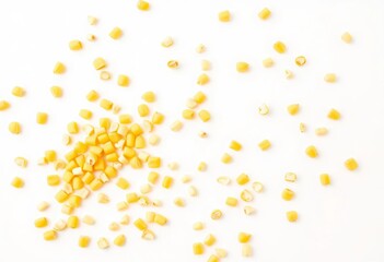 Bright yellow fresh corn kernels scattered on pristine white background,   agricultural,   stock photo