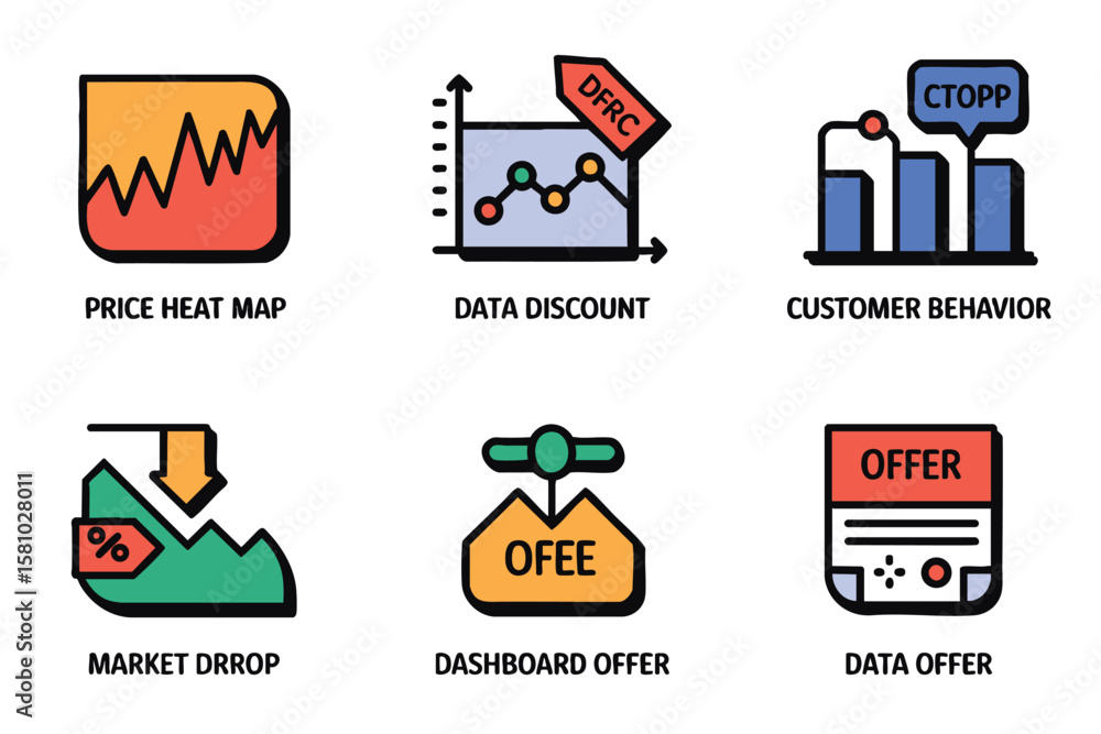 Poster exploring business data through colorful charts representing market analysis and discount strategies