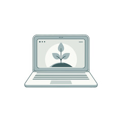 A laptop displaying a growing plant symbolizing sustainability in a minimalist workspace