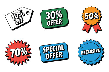 Colorful discount tags illustration offering sale percentages and exclusive deals for promotion and marketing campaigns.